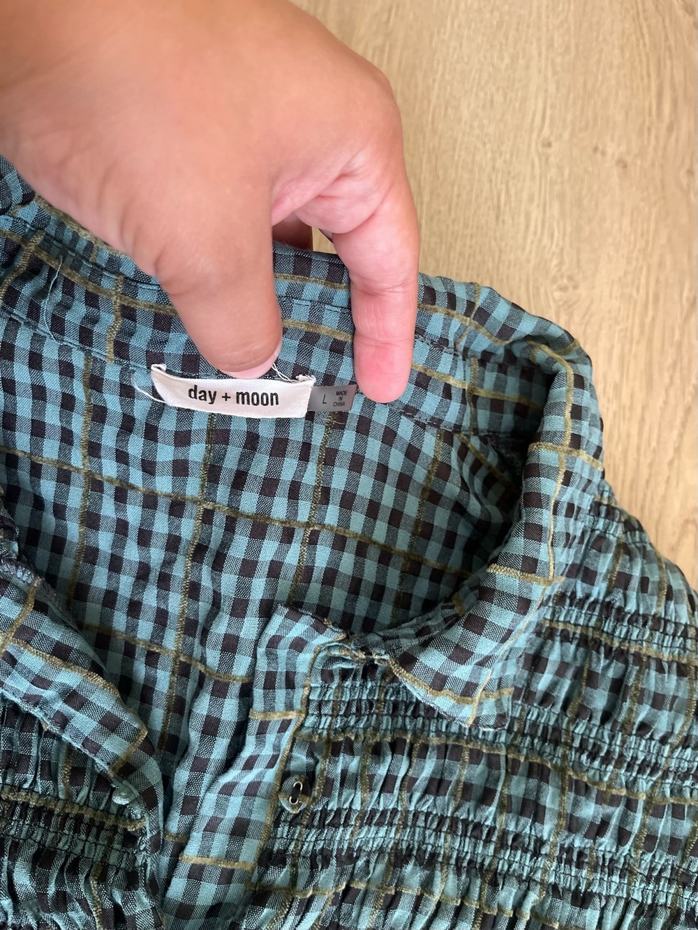 Day + Moon Smocked Mini Dress in Green and Black Plaid (L) - Picture 3 of 4